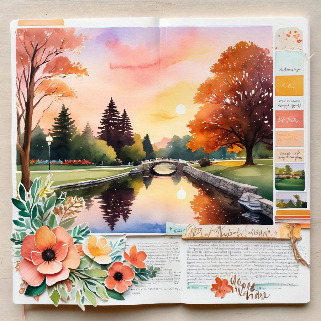 A beautifully crafted scrapbook spread open, filled with colorful photos, handwritten notes, and vibrant memorabilia representing joyful moments and milestones. Surrounding the scrapbook, a soft glowing light casts a warm ambiance, and in the background, a blurred landscape of a serene park symbolizes tranquility and reflection. The scene evokes nostalgia and celebration of personal growth. watercolor painting. warm colors. soft focus.