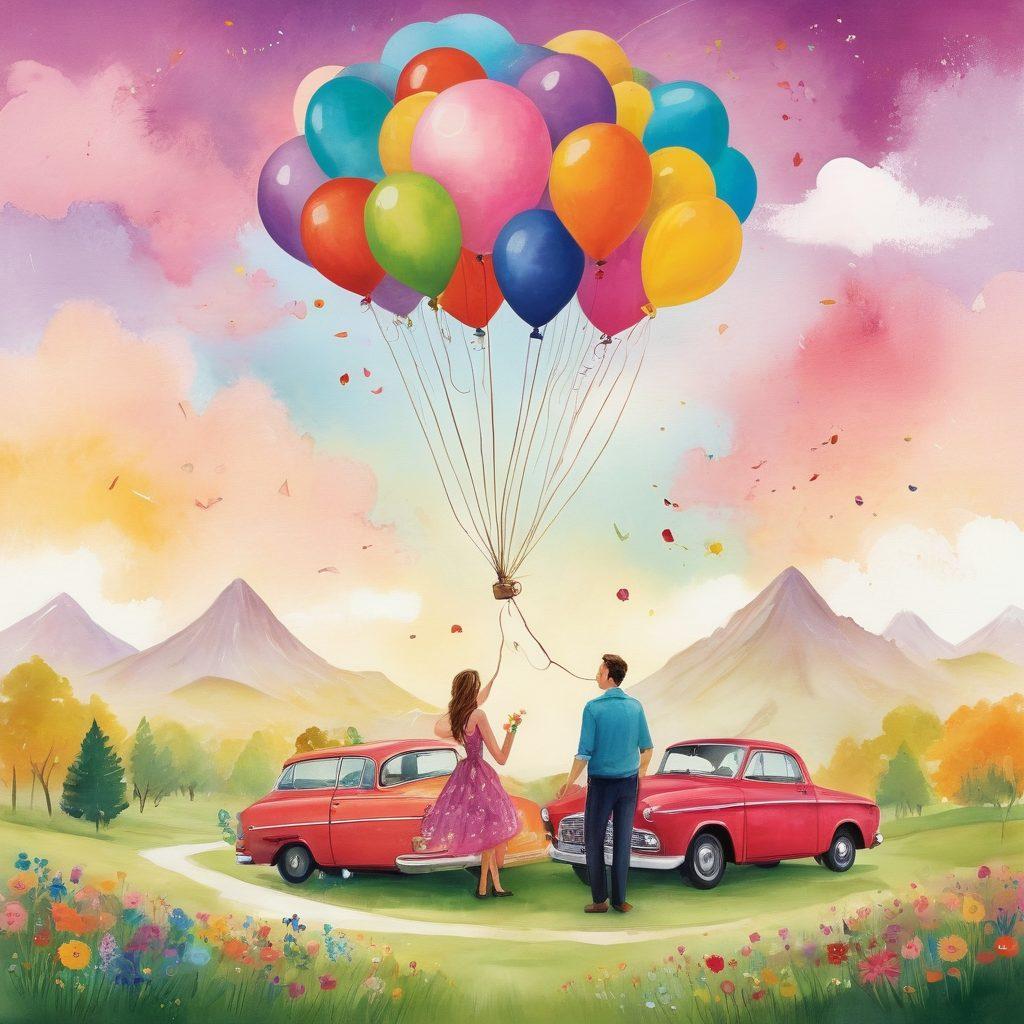 An enchanting timeline filled with colorful, illustrated memories and joyful moments, showcasing vibrant photographs and mementos of family gatherings, friendships, and adventures. Each section of the timeline sparkles with radiant colors, symbolizing happiness and cherished experiences, against a soft, dreamy background. Include whimsical elements like floating balloons, gentle petals, and playful doodles to enhance the feeling of nostalgia and joy. painting. vibrant colors. dreamy background.