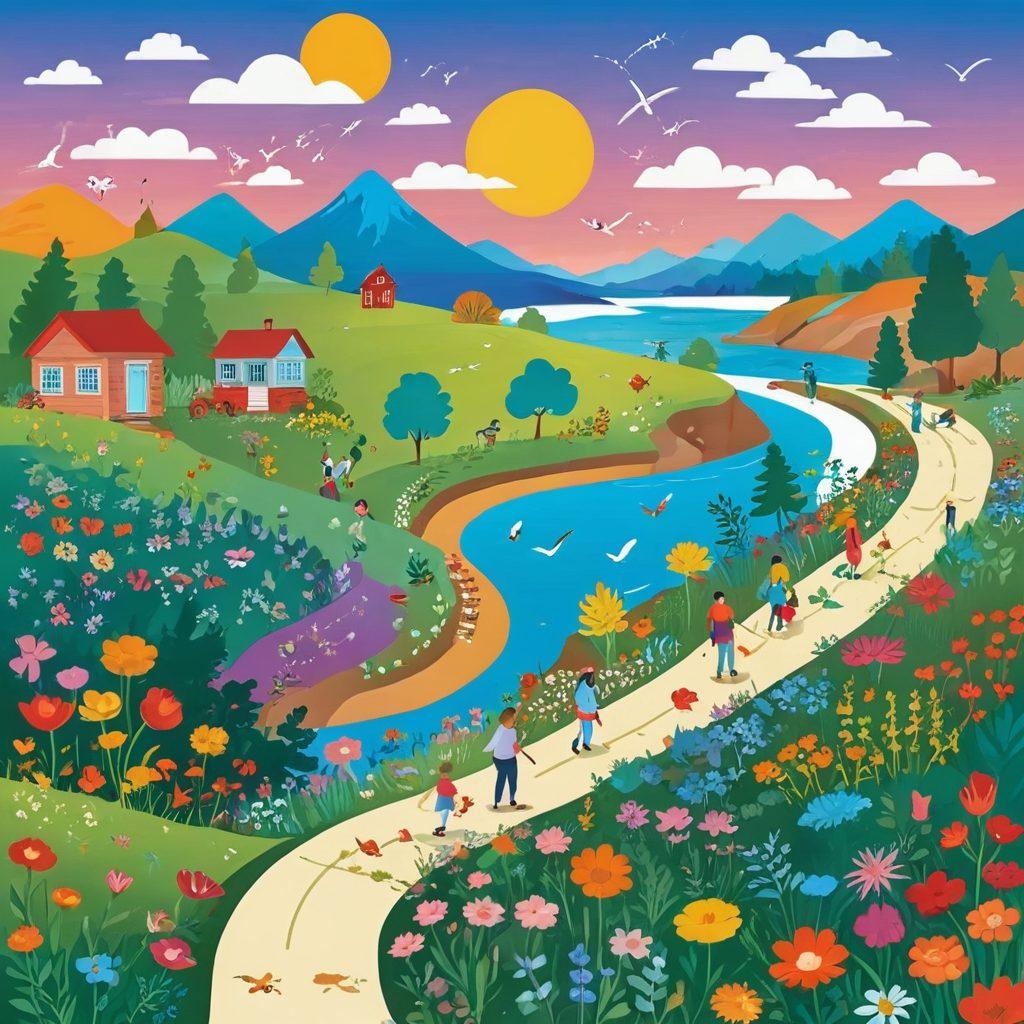 A vibrant, illustrated timeline winding through a colorful landscape representing different joyful life milestones, with whimsical icons for happiness, mindfulness, and gratitude. Include cheerful characters engaging in various activities that bring joy, such as painting, gardening, and gathering with friends. The background should feature lush nature and a bright sky to evoke a sense of bliss and positivity. Vector art. vibrant colors. whimsical style.